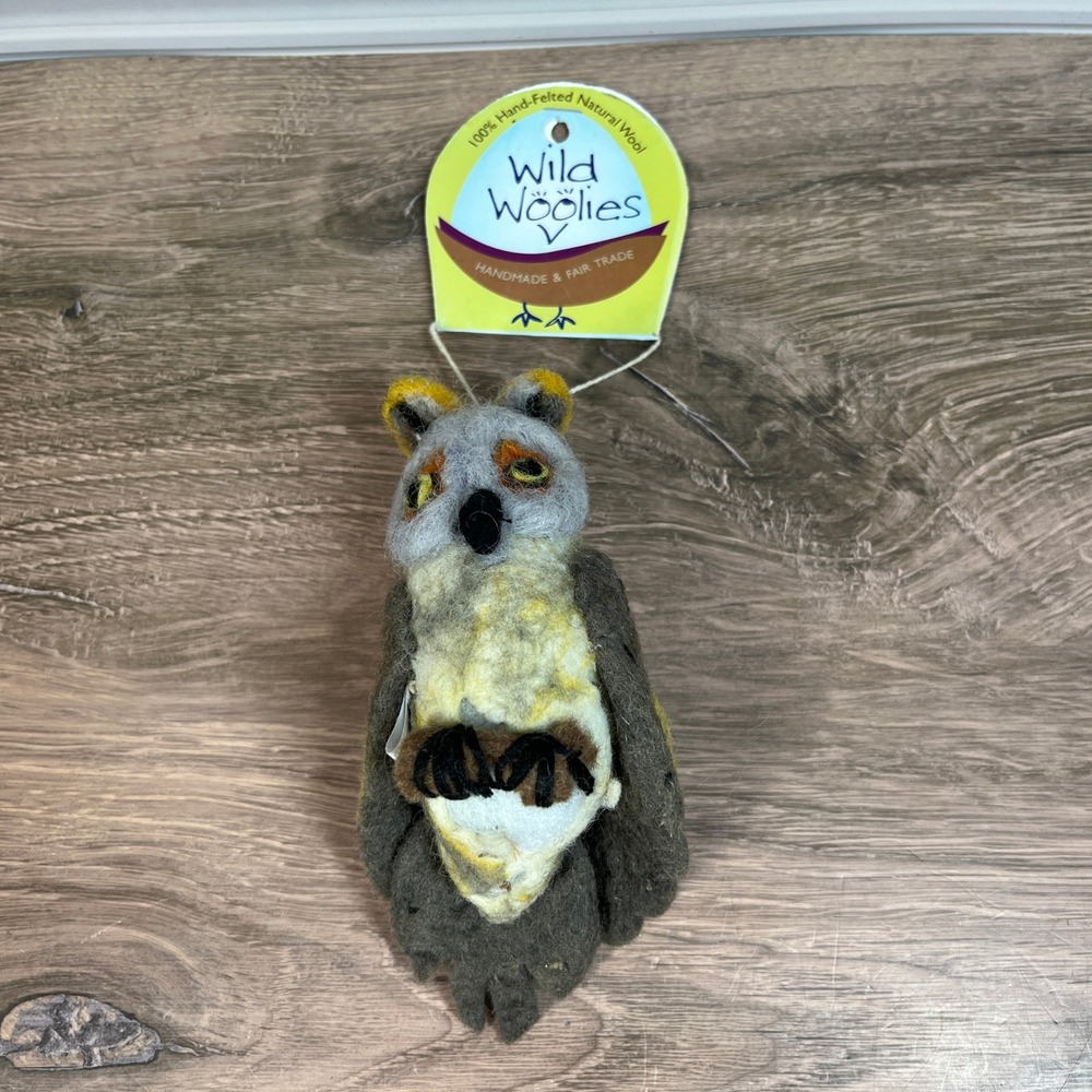 Wild Woolies Great Horned Owl Ornament Brown Yellow Felted Wool Fair Trade NEW - Picture 2 of 9